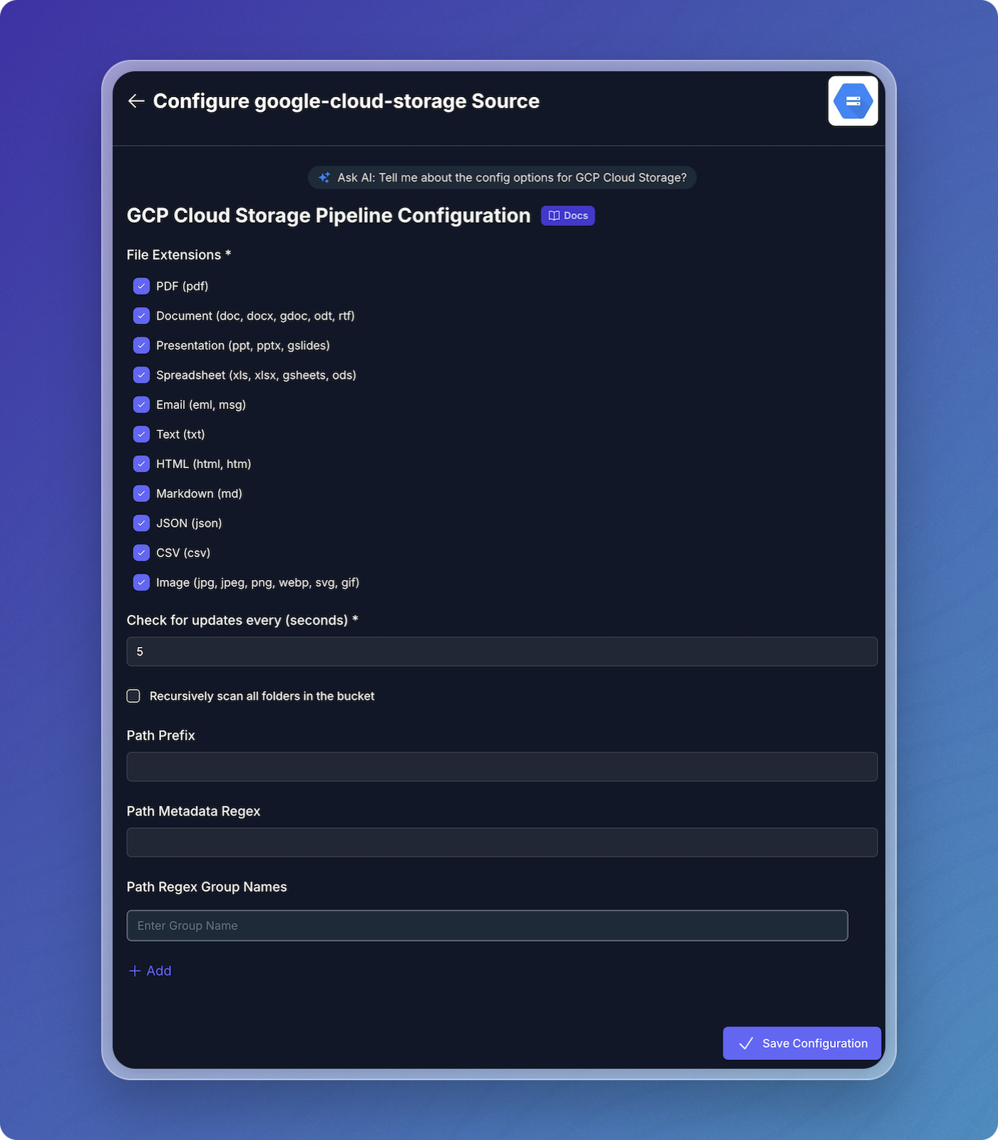 Cloud Storage RAG Pipeline-Specific Settings