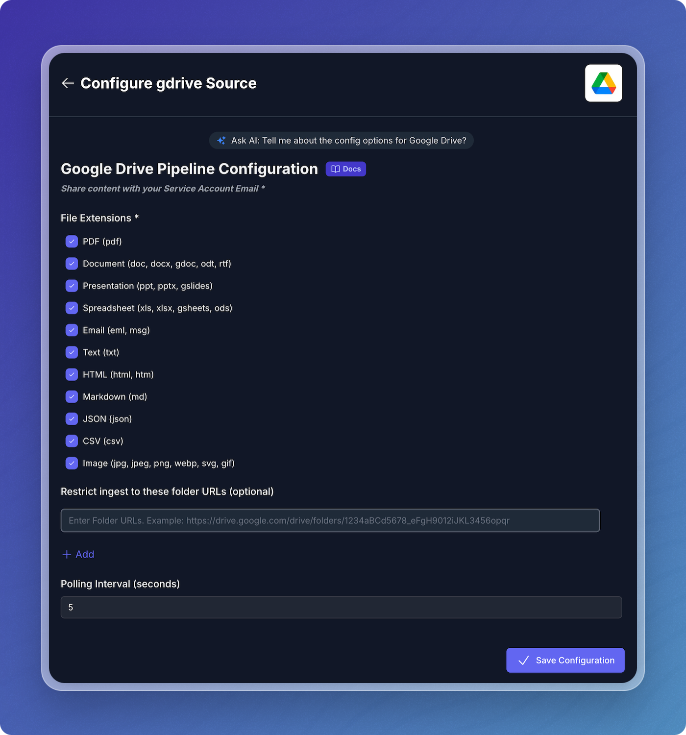 Configuring Google Drive for RAG Pipeline
