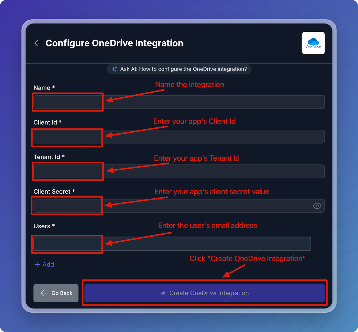 OneDrive Connection Parameters